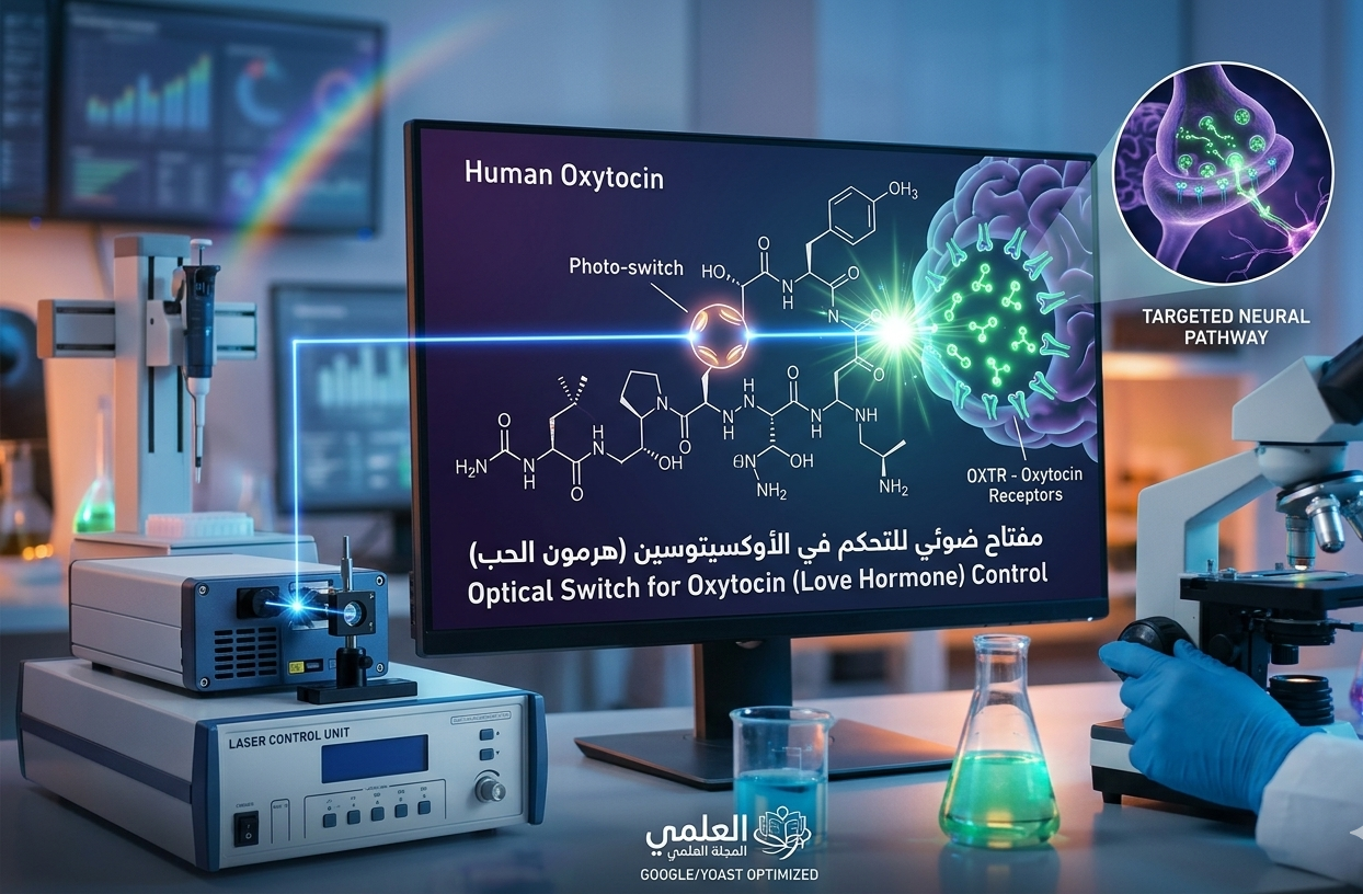 رسم توضيحي لخلية عصبية تتفاعل مع شعاع ضوئي ومفتاح ضوئي للتحكم في هرمون الأوكسيتوسين (هرمون الحب).