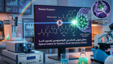 رسم توضيحي لخلية عصبية تتفاعل مع شعاع ضوئي ومفتاح ضوئي للتحكم في هرمون الأوكسيتوسين (هرمون الحب).