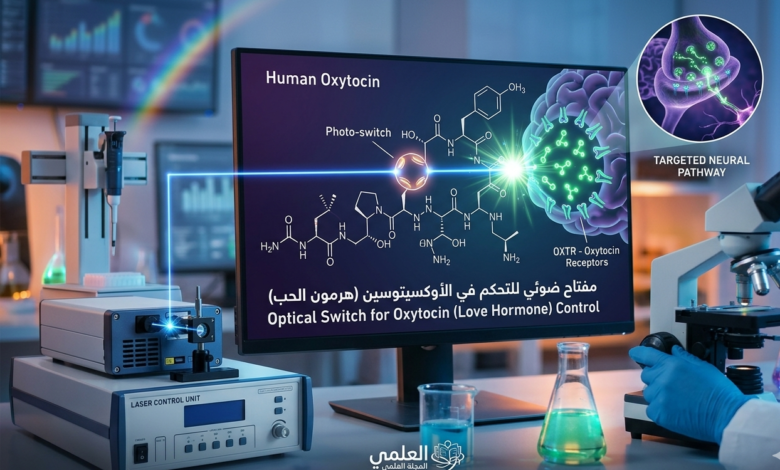 رسم توضيحي لخلية عصبية تتفاعل مع شعاع ضوئي ومفتاح ضوئي للتحكم في هرمون الأوكسيتوسين (هرمون الحب).